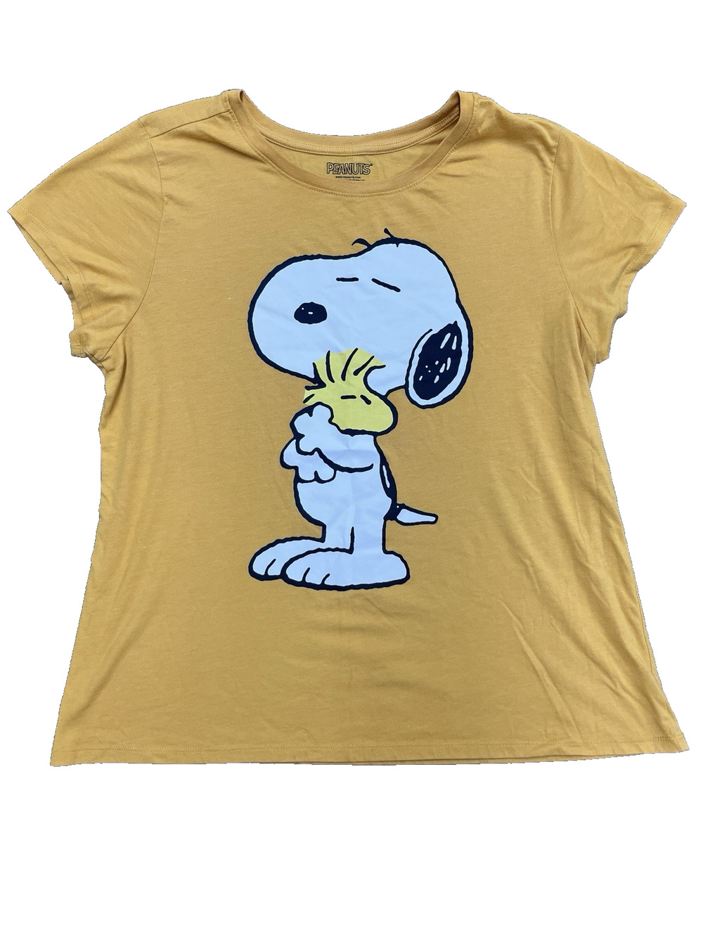 Peanuts Snoopy Hugging Woodstock Yellow Graphic T-Shirt XL Womens Short Sleeve
